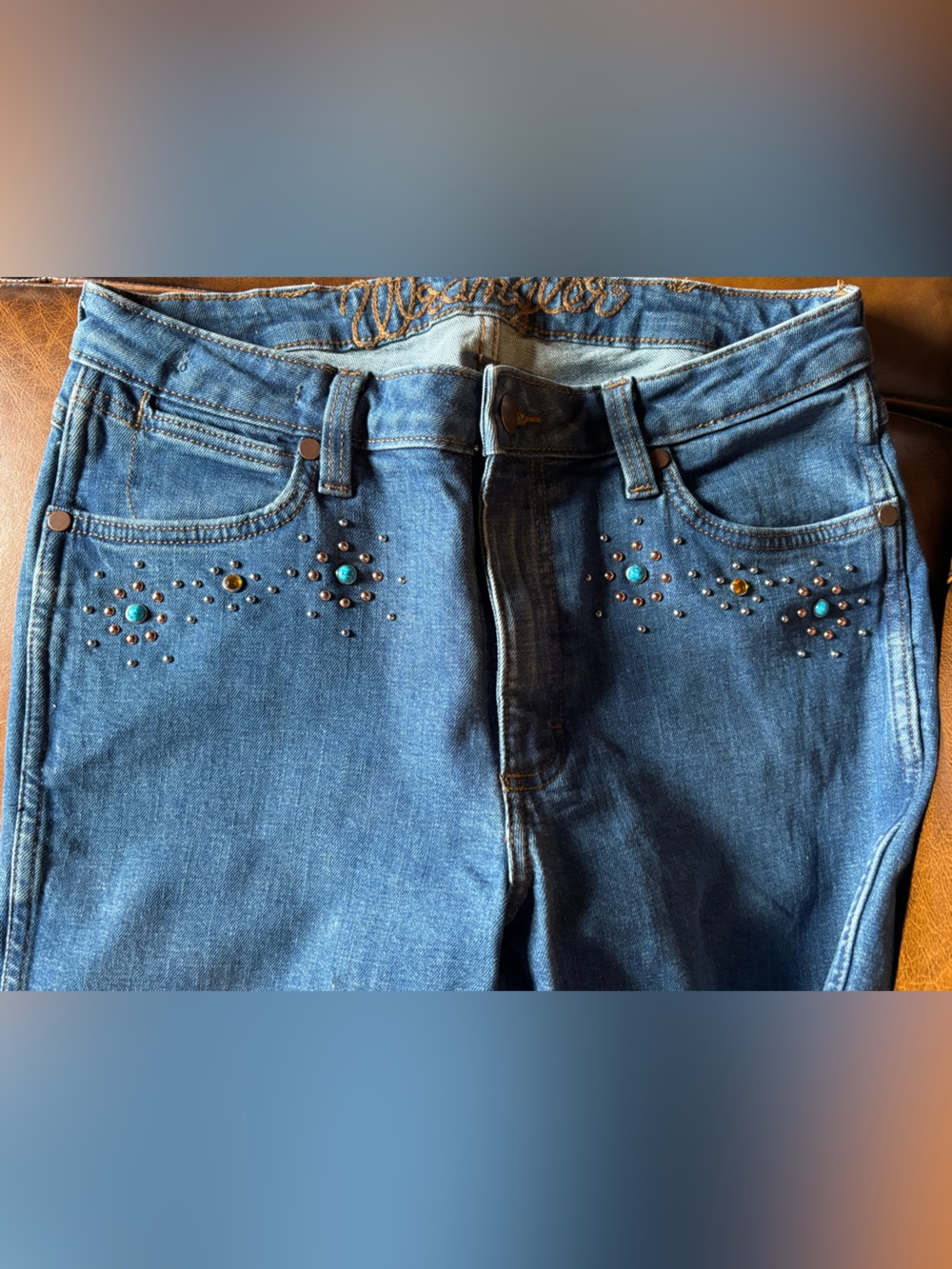 Women’s Blue Embellished Denim Vintage Wrangler Bellbottom Jeans SZ 30/34